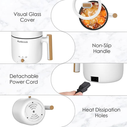 Hot Pot Electric with Steamer, 1.8L Portable Mini Travel Cooker, Multifunctional Non-Stick Electric Skillet for Stir Fry/Stew/Steam, Perfect for Ramen Noodles/Pasta/Egg/Soup/Oatmeal (White)