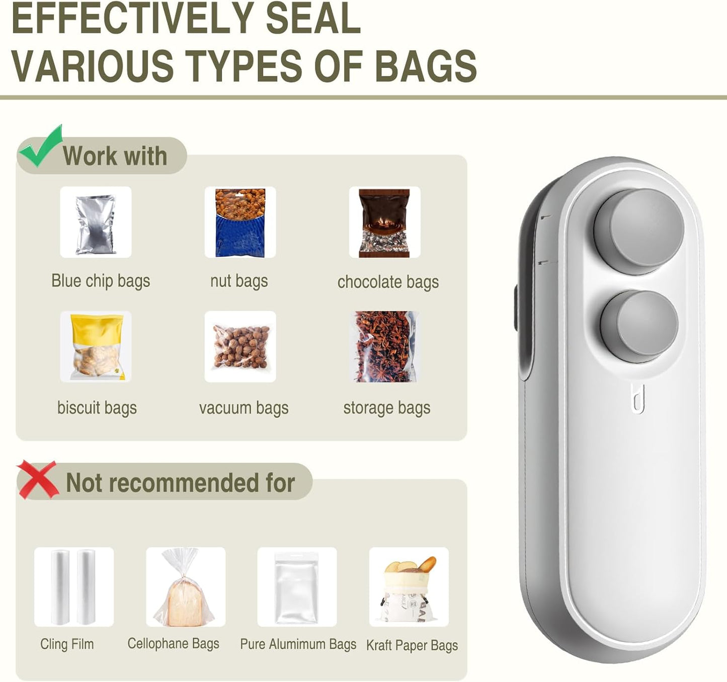 Mini Bag Sealer,2 in 1 Mini Bag Sealer with Cutter and Magnet, Rechargeable Mini Bags Sealer Portable Heat Sealing Machine for Snacks,Food Freshness Storage