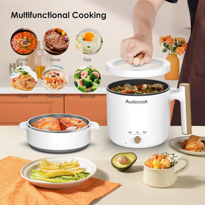 Hot Pot Electric with Steamer, 1.8L Portable Mini Travel Cooker, Multifunctional Non-Stick Electric Skillet for Stir Fry/Stew/Steam, Perfect for Ramen Noodles/Pasta/Egg/Soup/Oatmeal (White)