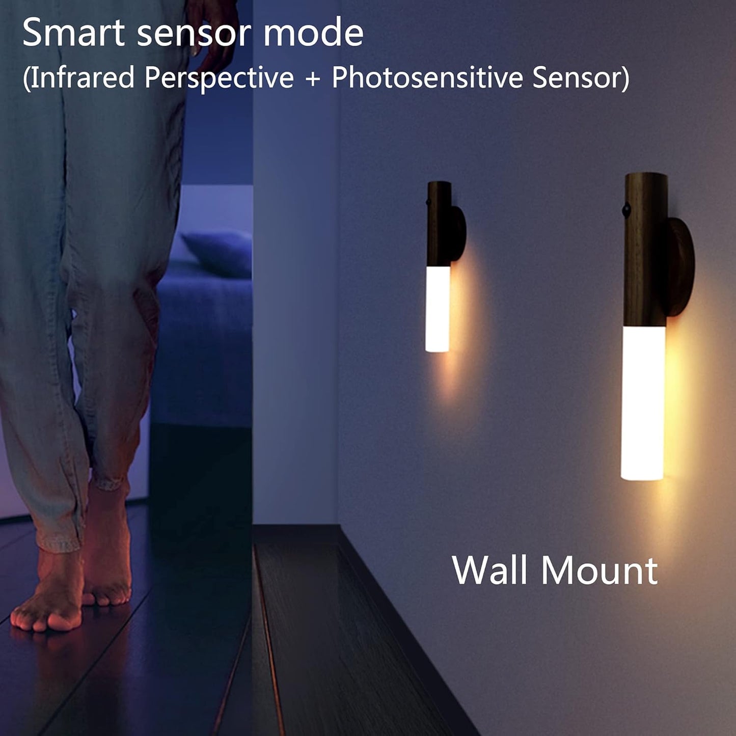 Motion Sensor Light Indoor Night Light Wall Sconce Wooden Rechargeable Portable Magnetic Battery Operated LED Night Light for Kids Bathroom Toliet Light Closet Bedroom,White Ash Wood Pack 2