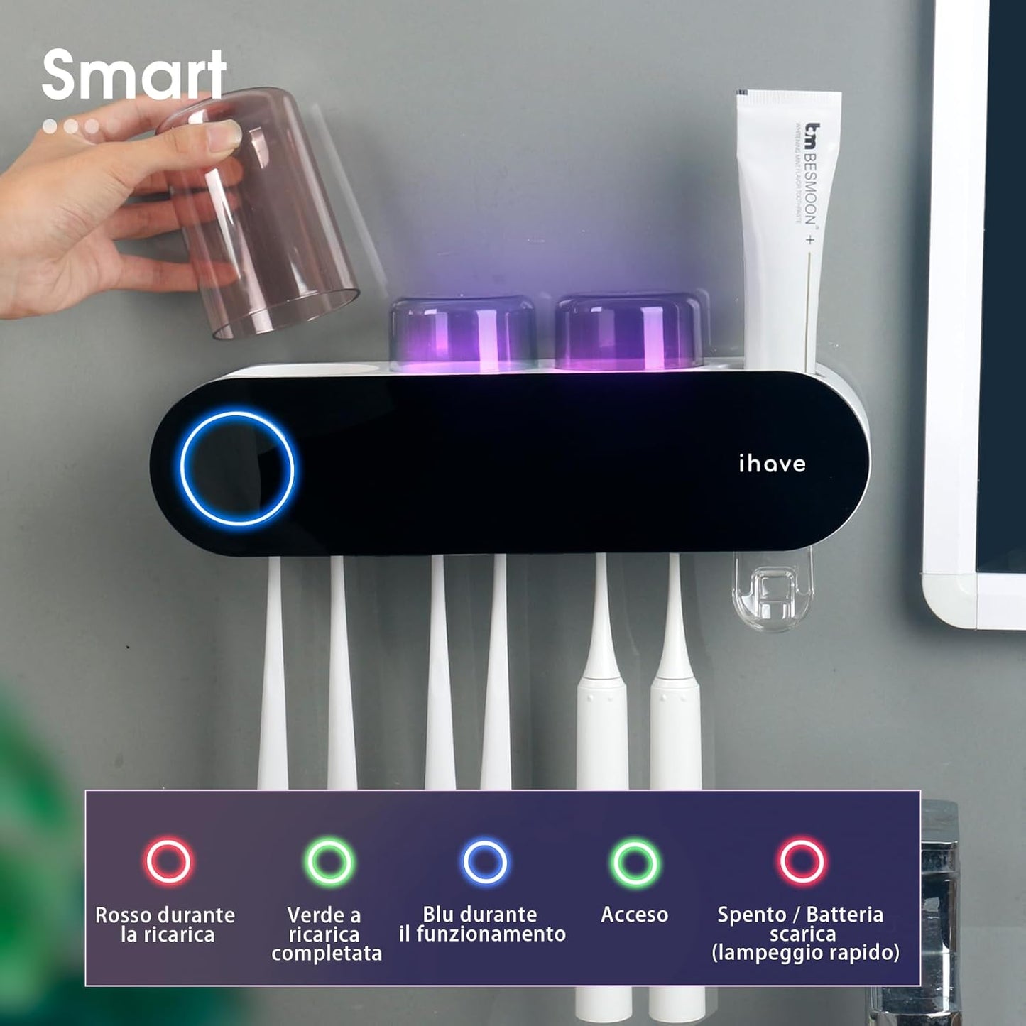 Wall Mounted Electric Toothbrush Holders with 3 Cups, UV Sanitizer, Toothpaste Dispenser, Smart Home Bathroom Accessories & Decor, Black