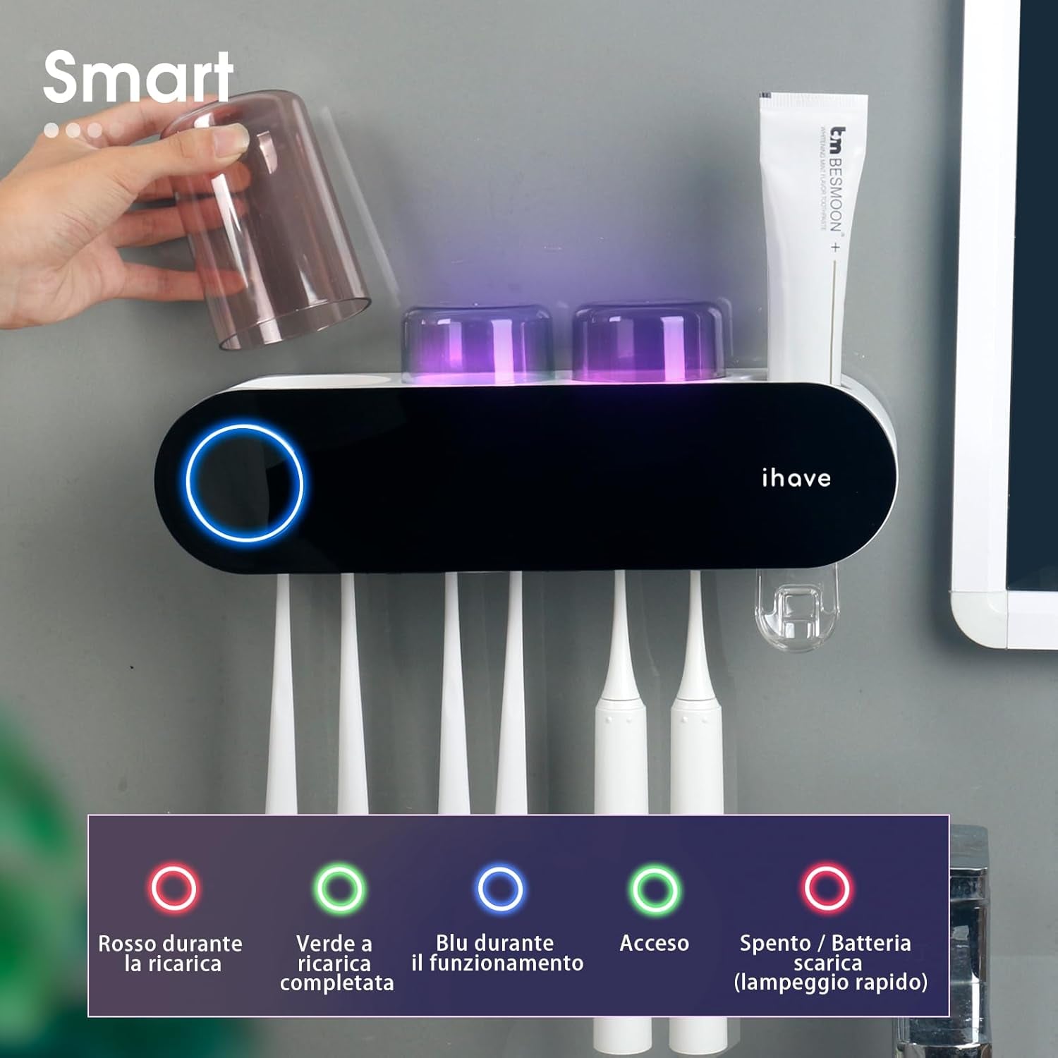 Wall Mounted Electric Toothbrush Holders with 3 Cups, UV Sanitizer, Toothpaste Dispenser, Smart Home Bathroom Accessories & Decor, Black