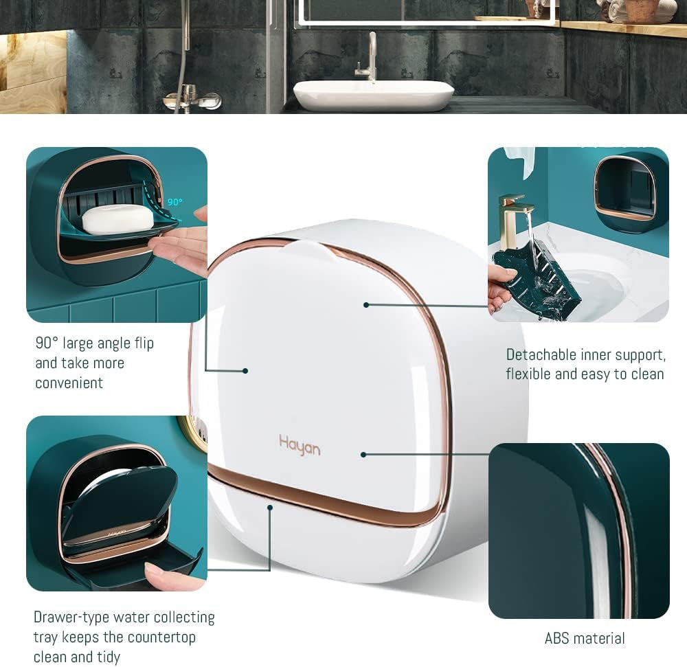 Luxury Soap Holder with Drain Tray, Waterproof Soap Dish Holder, Keep Soap Bars Dry, Adhesive Soap Case Box Wall Mounted for Shower, Bathroom, Bathtub, White