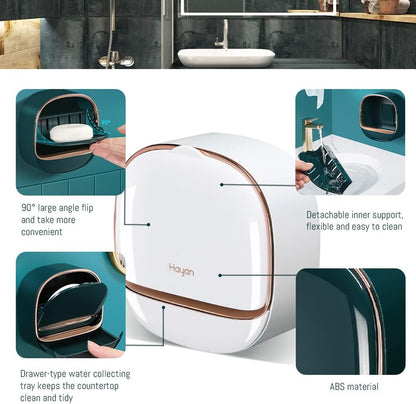 Luxury Soap Holder with Drain Tray, Waterproof Soap Dish Holder, Keep Soap Bars Dry, Adhesive Soap Case Box Wall Mounted for Shower, Bathroom, Bathtub, White