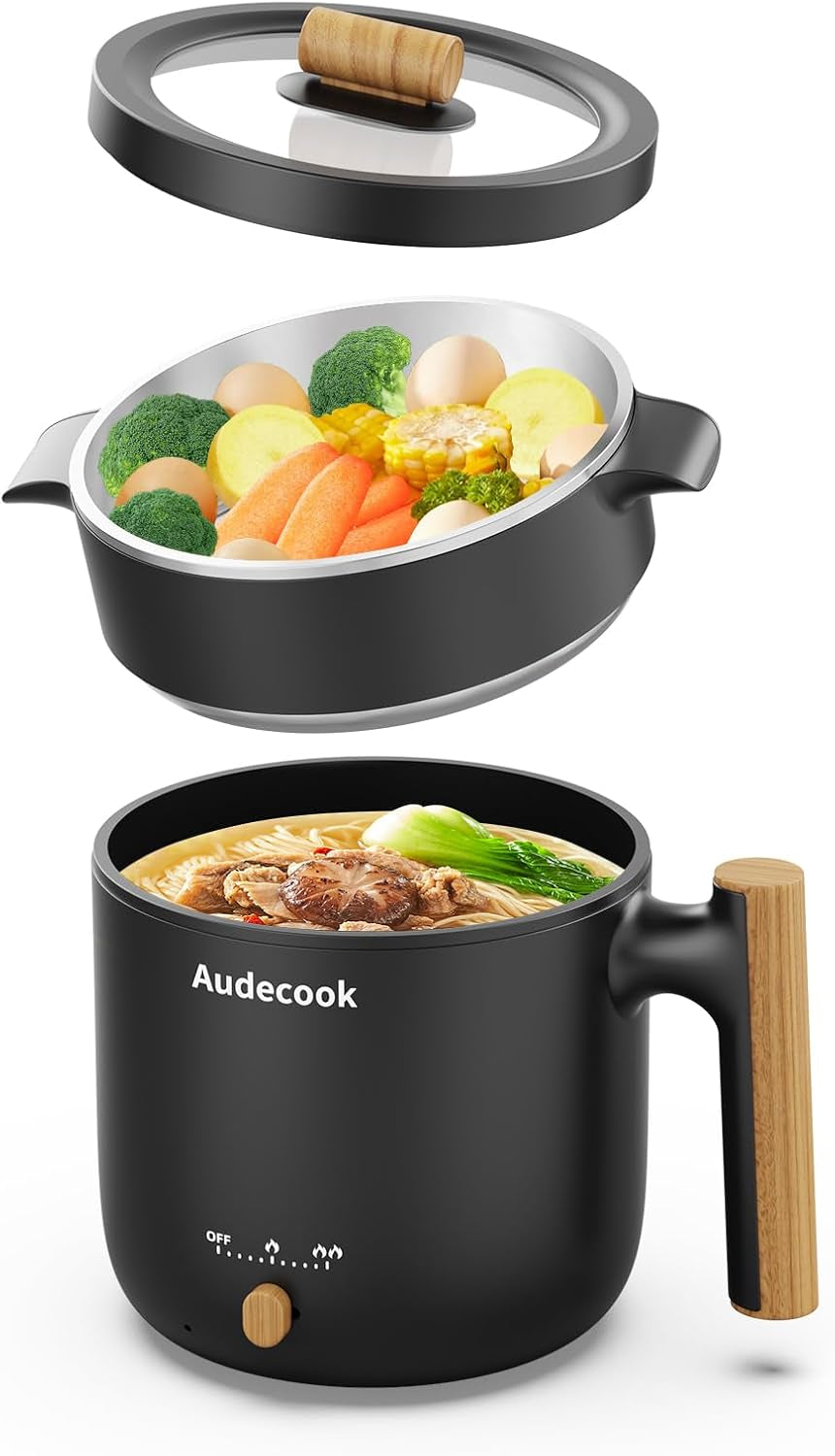 Hot Pot Electric with Steamer, 1.8L Portable Mini Travel Cooker, Multifunctional Non-Stick Electric Skillet for Stir Fry/Stew/Steam, Perfect for Ramen Noodles/Pasta/Egg/Soup/Oatmeal(Black)