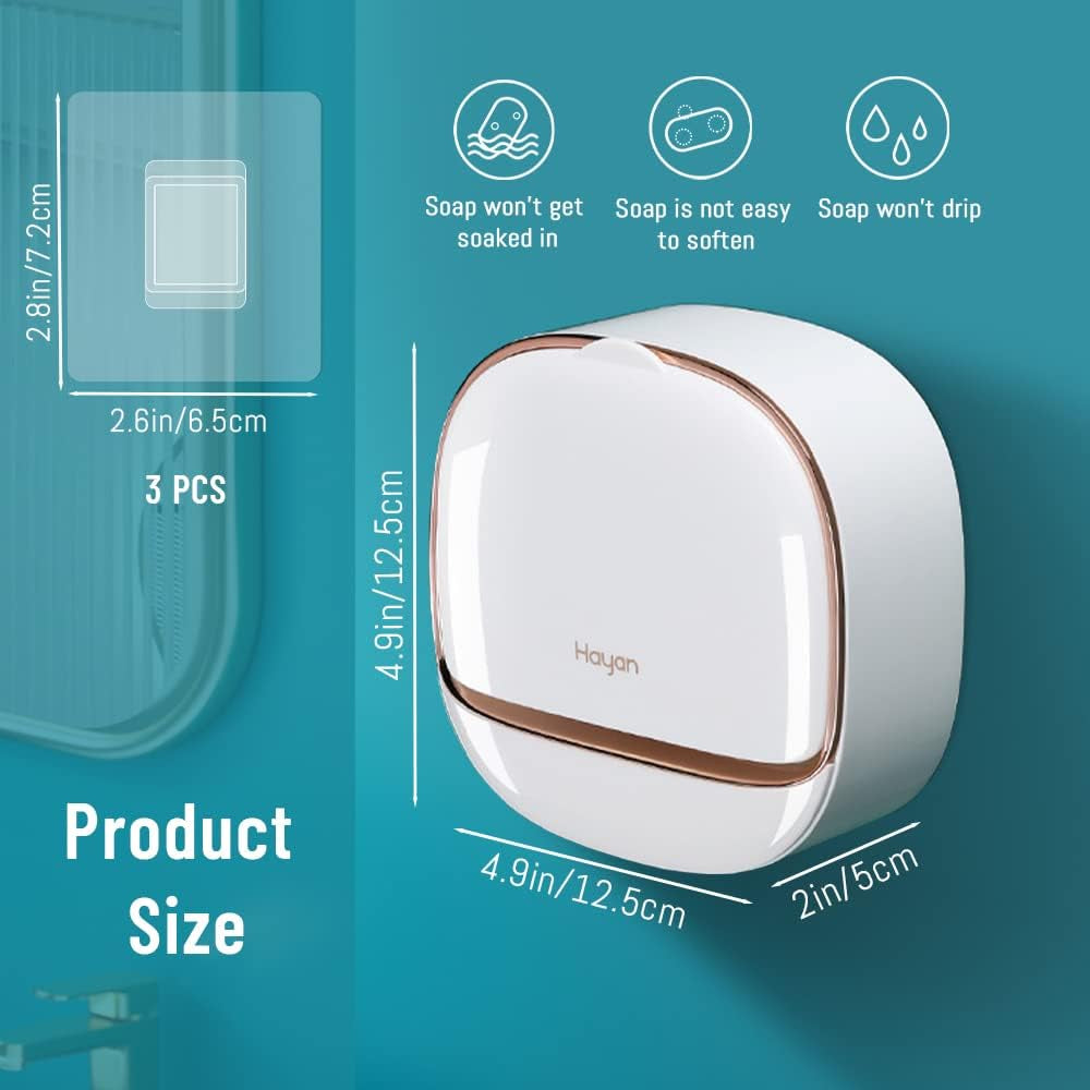 Luxury Soap Holder with Drain Tray, Waterproof Soap Dish Holder, Keep Soap Bars Dry, Adhesive Soap Case Box Wall Mounted for Shower, Bathroom, Bathtub, White