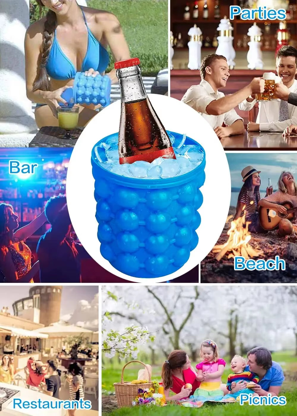 Ice Cube Mold Ice Tray Large Silicone Ice Bucket (2-In-1) Ice Cube Maker Circular Portable (Dark Blue) Suitable for Summer