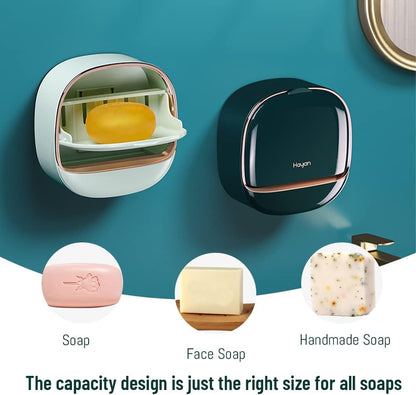 Luxury Soap Holder with Drain Tray, Waterproof Soap Dish Holder, Keep Soap Bars Dry, Adhesive Soap Case Box Wall Mounted for Shower, Bathroom, Bathtub, White