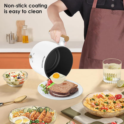 Hot Pot Electric with Steamer, 1.8L Portable Mini Travel Cooker, Multifunctional Non-Stick Electric Skillet for Stir Fry/Stew/Steam, Perfect for Ramen Noodles/Pasta/Egg/Soup/Oatmeal (White)