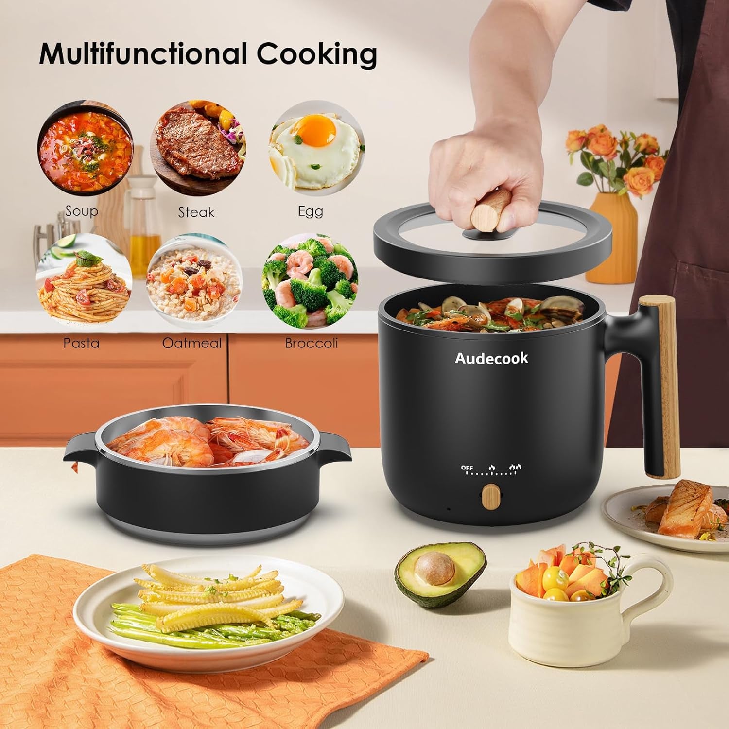 Hot Pot Electric with Steamer, 1.8L Portable Mini Travel Cooker, Multifunctional Non-Stick Electric Skillet for Stir Fry/Stew/Steam, Perfect for Ramen Noodles/Pasta/Egg/Soup/Oatmeal(Black)