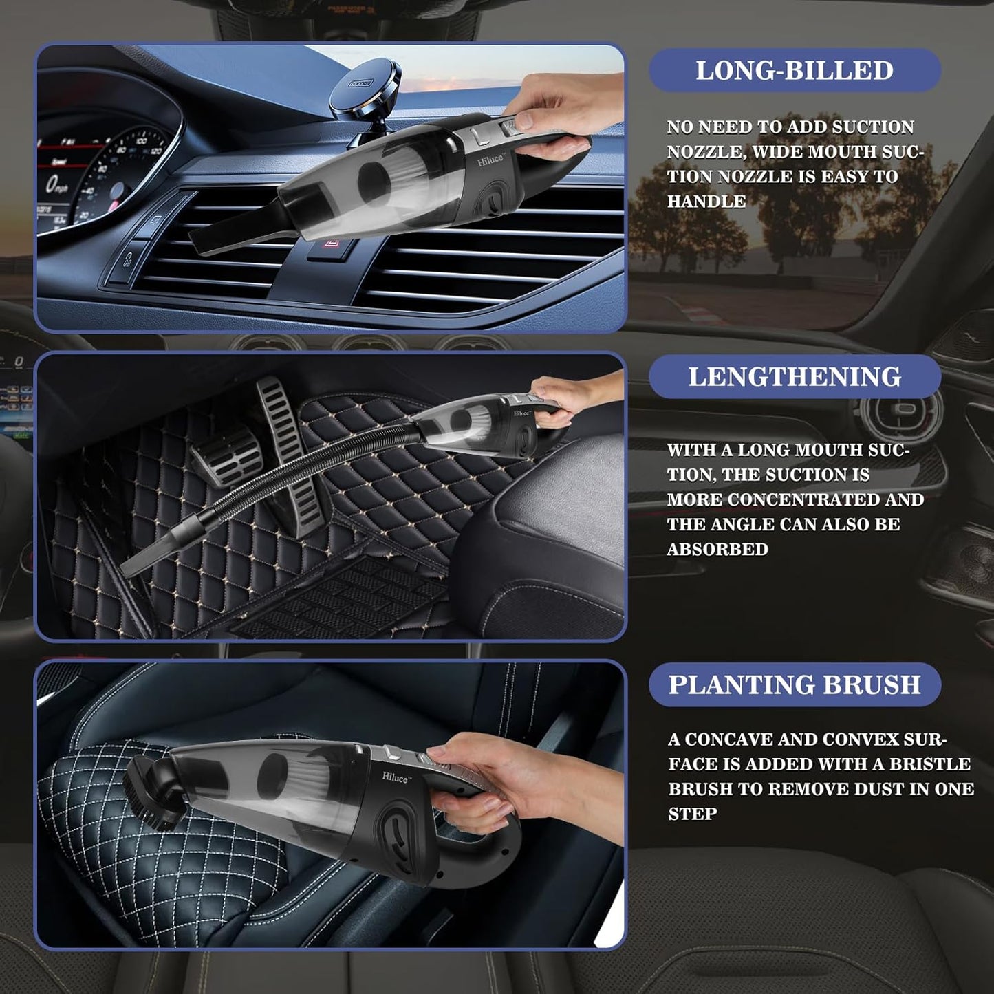 Car Vacuum Portable Cordless, Handheld Vacuum Cleaner High Power for Wet and Dry, USB Rechargeable Lightweight Cordless Vacuum, 0.45L Capacity Storage Bag,For Car/Stairs/Pet Hair(Black Silver)